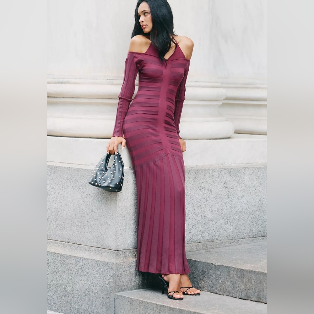 Anthropologie Wine Mauve Off-Shoulder Ruched Maxi Sweater Dress